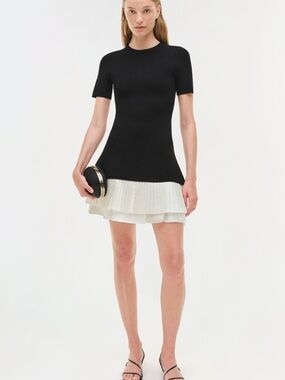 Simkhai Black Knit Top Mini Dress with White Pleated Hem